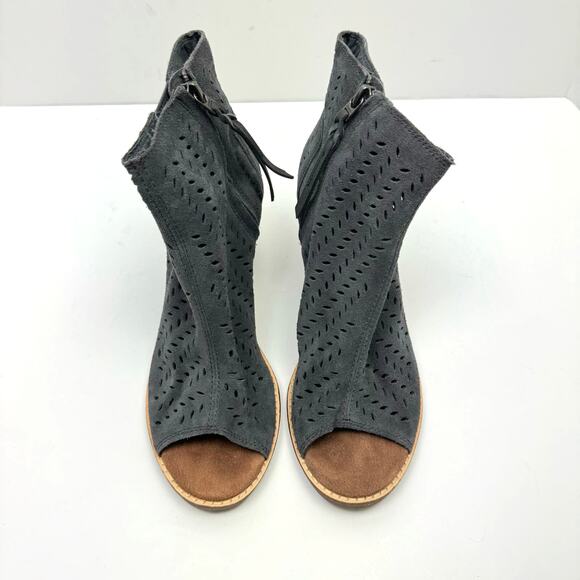 TOMS Majorca Gray Suede Leather Perforated Open Toe Ankle Bootie Heeled Sandals - Picture 3 of 12